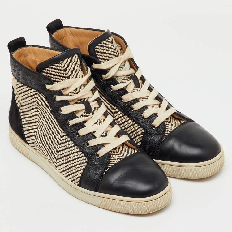Pre Owned Christian Louboutin Black/Cream Leather and Woven Fabric Rantus Orlato High Top Sneakers Size 43.5