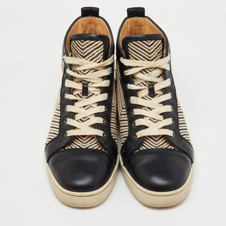 Pre Owned Christian Louboutin Black/Cream Leather and Woven Fabric Rantus Orlato High Top Sneakers Size 43.5