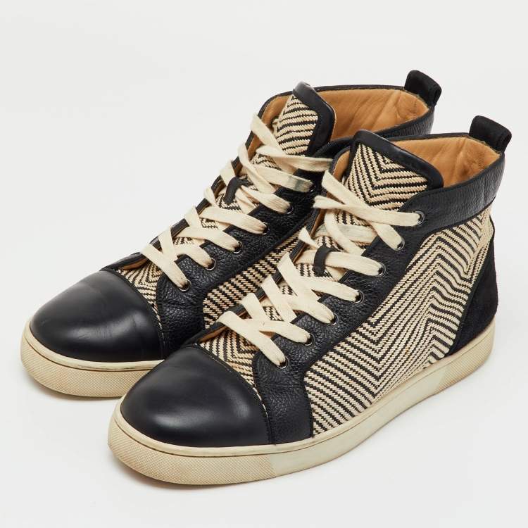 Pre Owned Christian Louboutin Black/Cream Leather and Woven Fabric Rantus Orlato High Top Sneakers Size 43.5