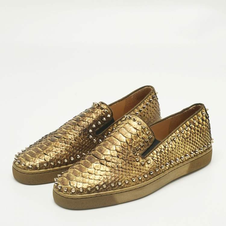 Pre Owned Christian Louboutin Gold Python Leather Pik Boat Slip On Sneakers Size 43.5