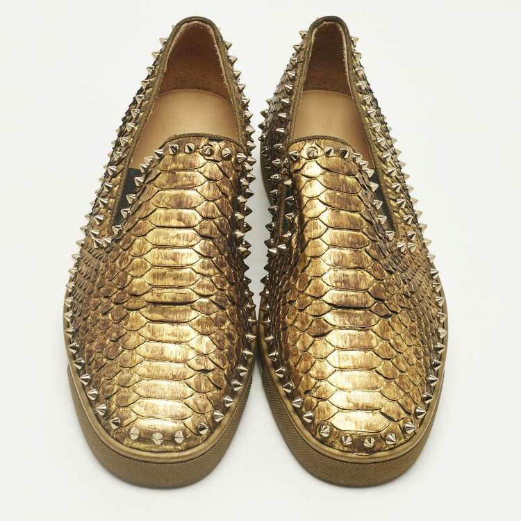 Pre Owned Christian Louboutin Gold Python Leather Pik Boat Slip On Sneakers Size 43.5