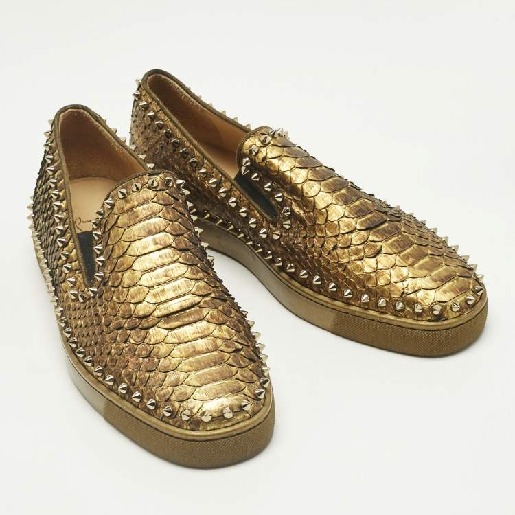Pre Owned Christian Louboutin Gold Python Leather Pik Boat Slip On Sneakers Size 43.5