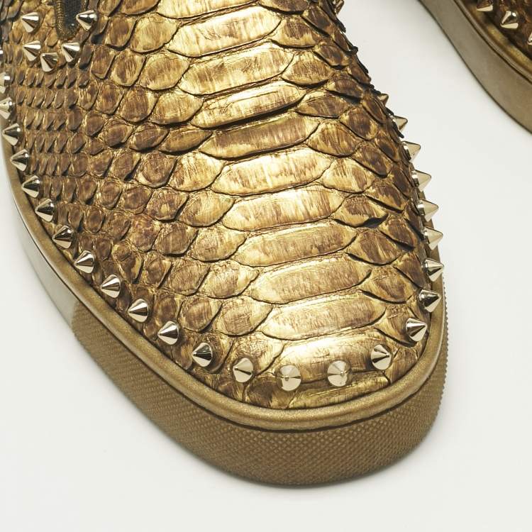 Pre Owned Christian Louboutin Gold Python Leather Pik Boat Slip On Sneakers Size 43.5
