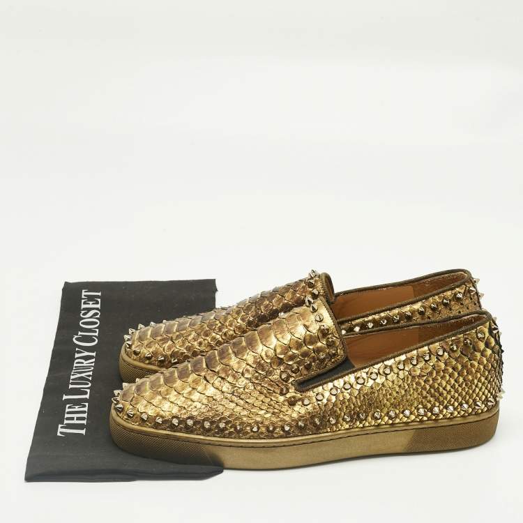 Pre Owned Christian Louboutin Gold Python Leather Pik Boat Slip On Sneakers Size 43.5