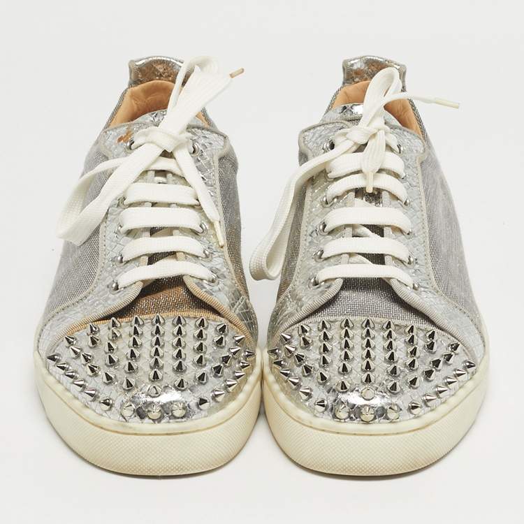 Pre Owned Christian Louboutin Silver Lurex Fabric and Python Embossed Vierissima Spike Low Top Sneakers Size 43