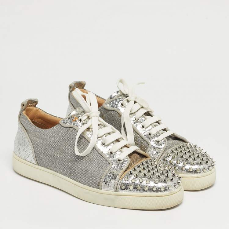 Pre Owned Christian Louboutin Silver Lurex Fabric and Python Embossed Vierissima Spike Low Top Sneakers Size 43