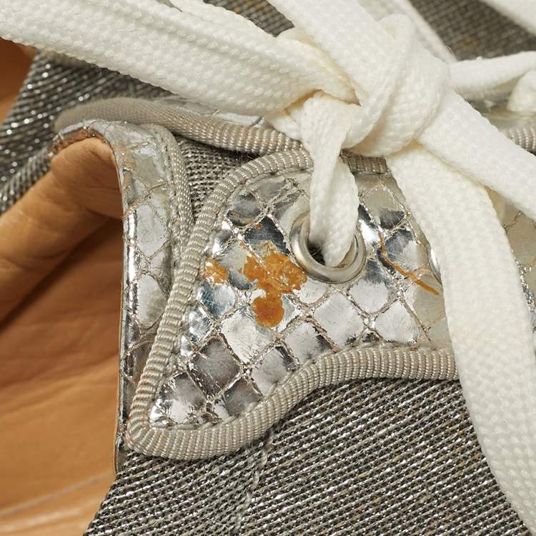 Pre Owned Christian Louboutin Silver Lurex Fabric and Python Embossed Vierissima Spike Low Top Sneakers Size 43