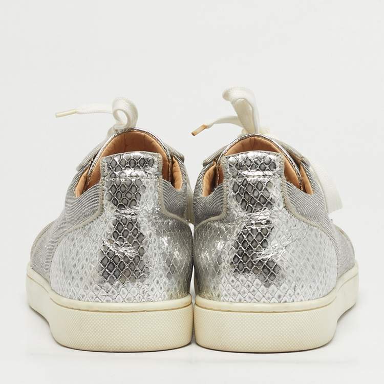 Pre Owned Christian Louboutin Silver Lurex Fabric and Python Embossed Vierissima Spike Low Top Sneakers Size 43