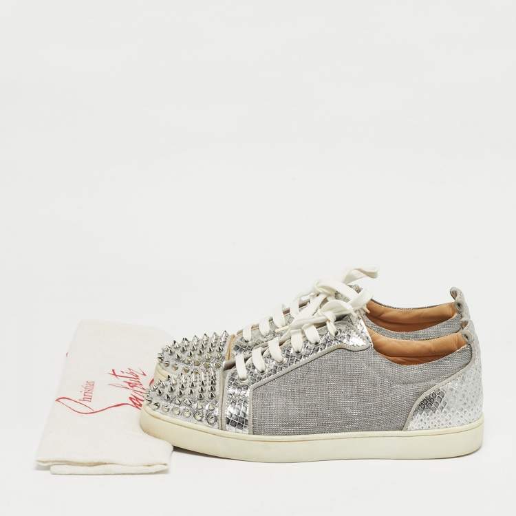 Pre Owned Christian Louboutin Silver Lurex Fabric and Python Embossed Vierissima Spike Low Top Sneakers Size 43