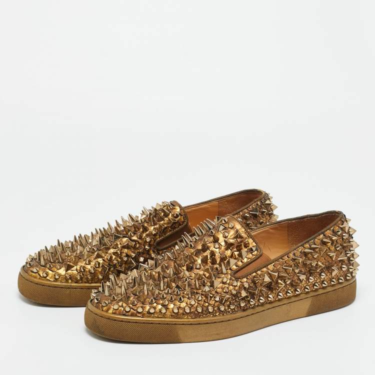 Pre Owned Christian Louboutin Gold Python Leather Roller Boat Slip On Sneakers Size 43.5