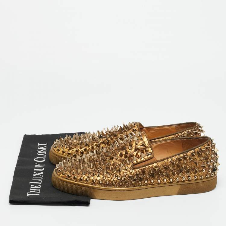 Pre Owned Christian Louboutin Gold Python Leather Roller Boat Slip On Sneakers Size 43.5