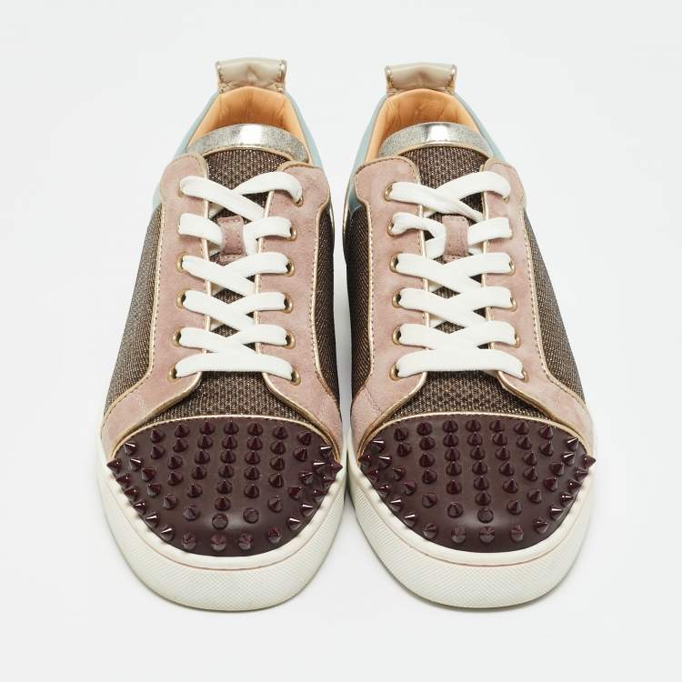 Pre Owned Christian Louboutin Multicolor Leather and Lurex Fabric Louis Junior Spikes Lace Up Sneakers Size 43.5