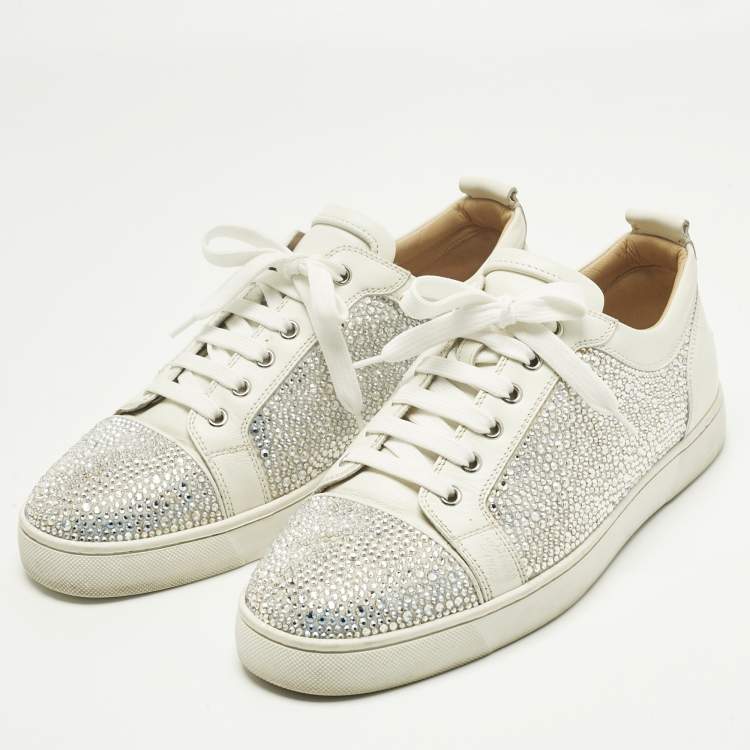 Pre Owned Christian Louboutin White Leather and Suede Crystal Embellish Louis Lace Up Sneakers Size 43.5