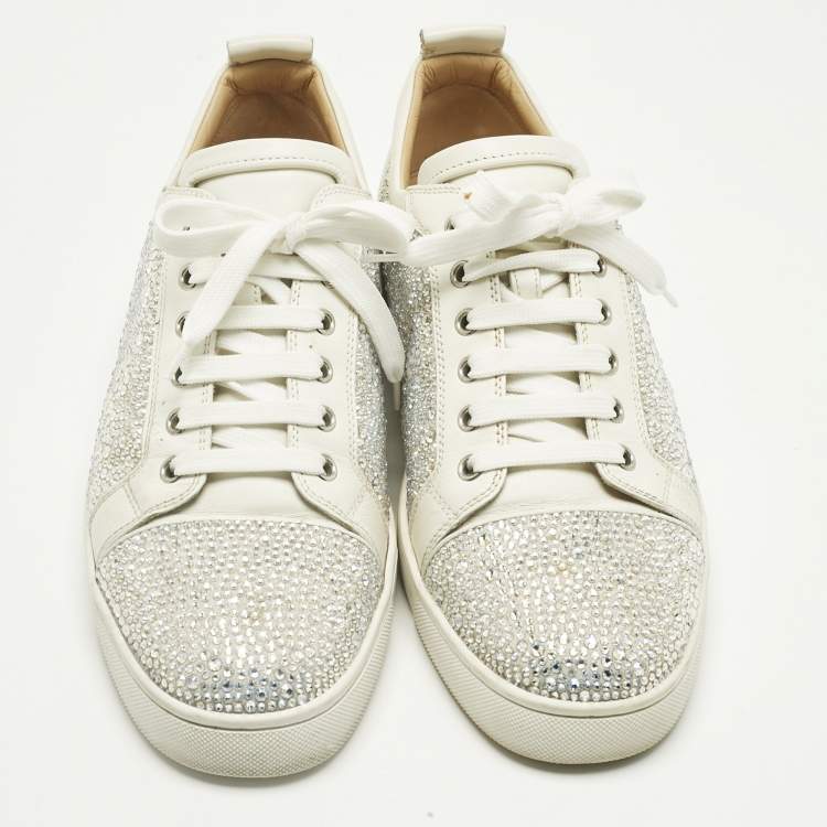 Pre Owned Christian Louboutin White Leather and Suede Crystal Embellish Louis Lace Up Sneakers Size 43.5