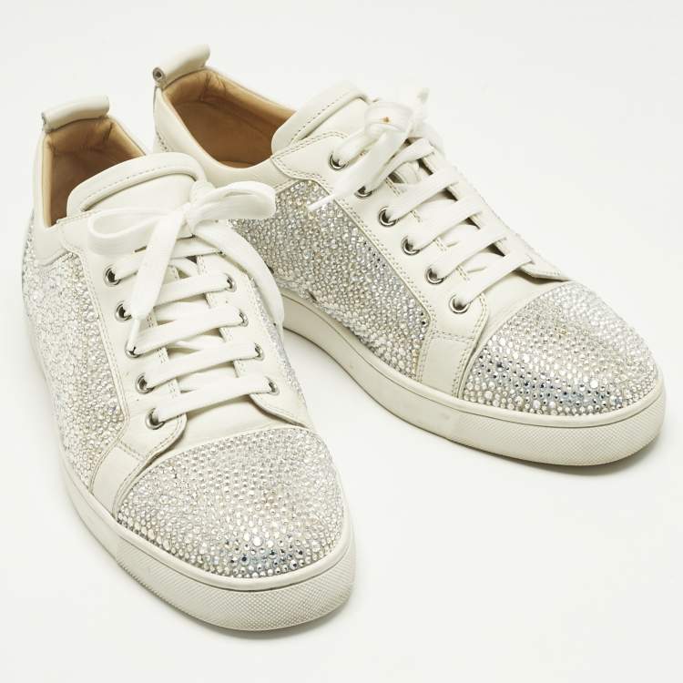 Pre Owned Christian Louboutin White Leather and Suede Crystal Embellish Louis Lace Up Sneakers Size 43.5