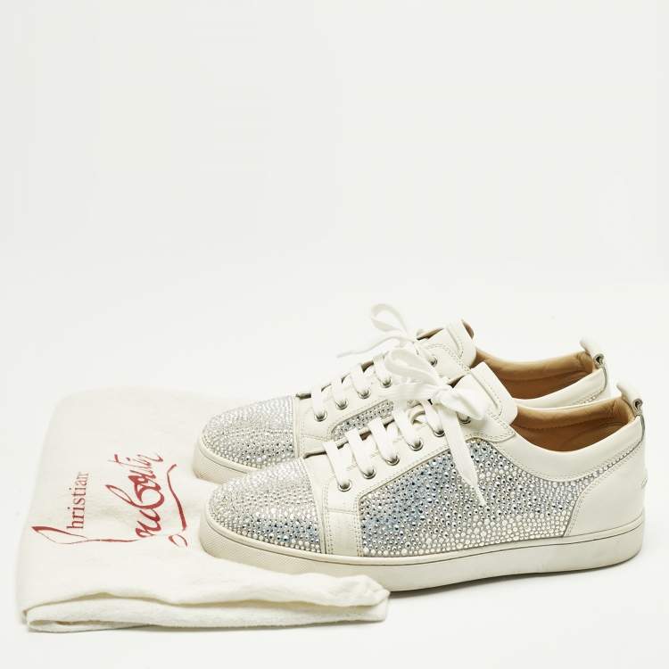 Pre Owned Christian Louboutin White Leather and Suede Crystal Embellish Louis Lace Up Sneakers Size 43.5