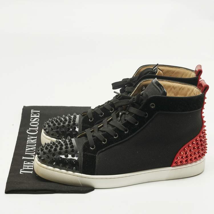 Pre Owned Christian Louboutin Black/Red Mesh and Patent Leather Louis Spikes High Top Sneakers Size 44
