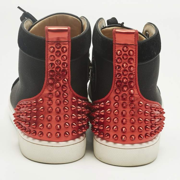Pre Owned Christian Louboutin Black/Red Mesh and Patent Leather Louis Spikes High Top Sneakers Size 44