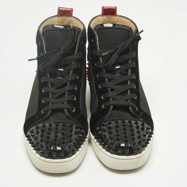 Pre Owned Christian Louboutin Black/Red Mesh and Patent Leather Louis Spikes High Top Sneakers Size 44
