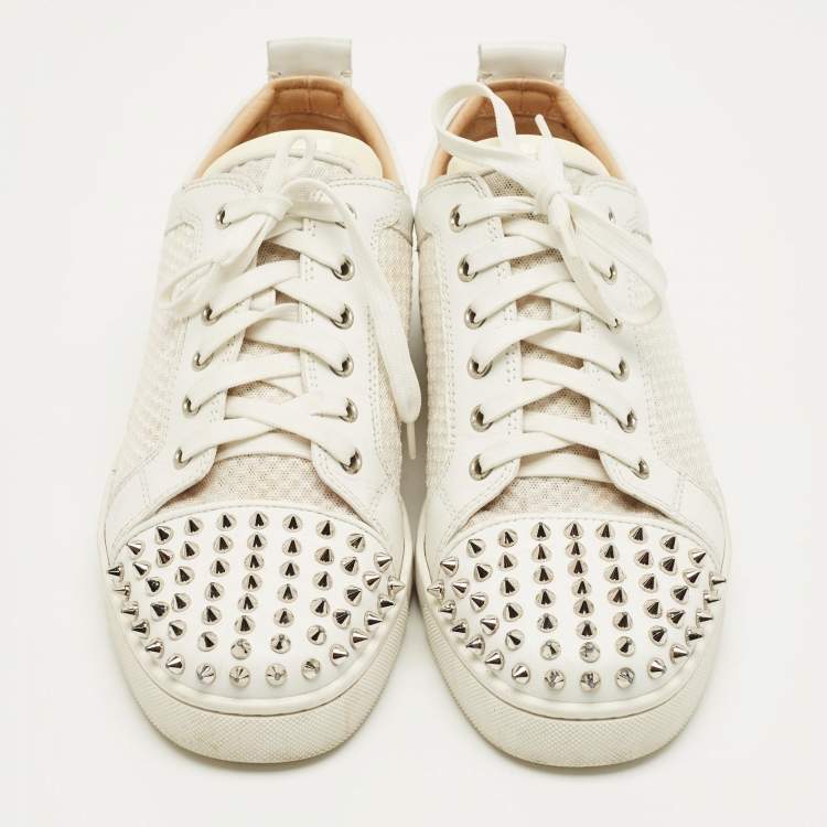 Pre Owned Christian Louboutin White Leather and Mesh Spike Lace Up Sneakers Size 43.5
