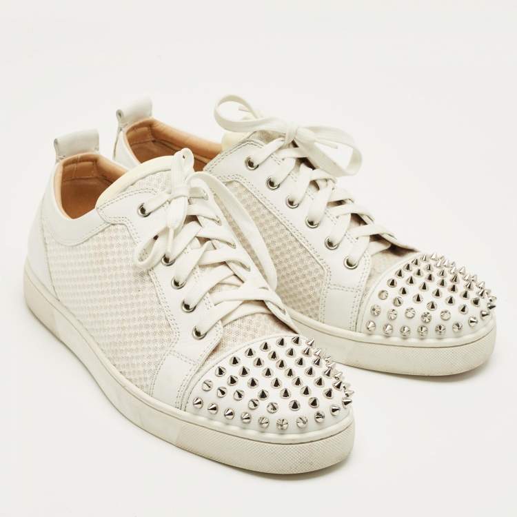 Pre Owned Christian Louboutin White Leather and Mesh Spike Lace Up Sneakers Size 43.5