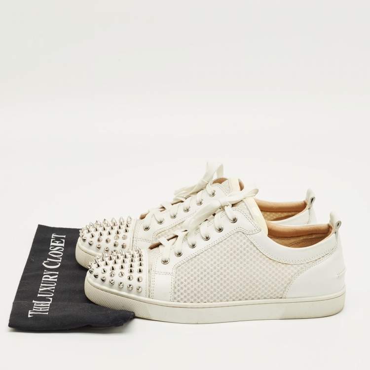 Pre Owned Christian Louboutin White Leather and Mesh Spike Lace Up Sneakers Size 43.5