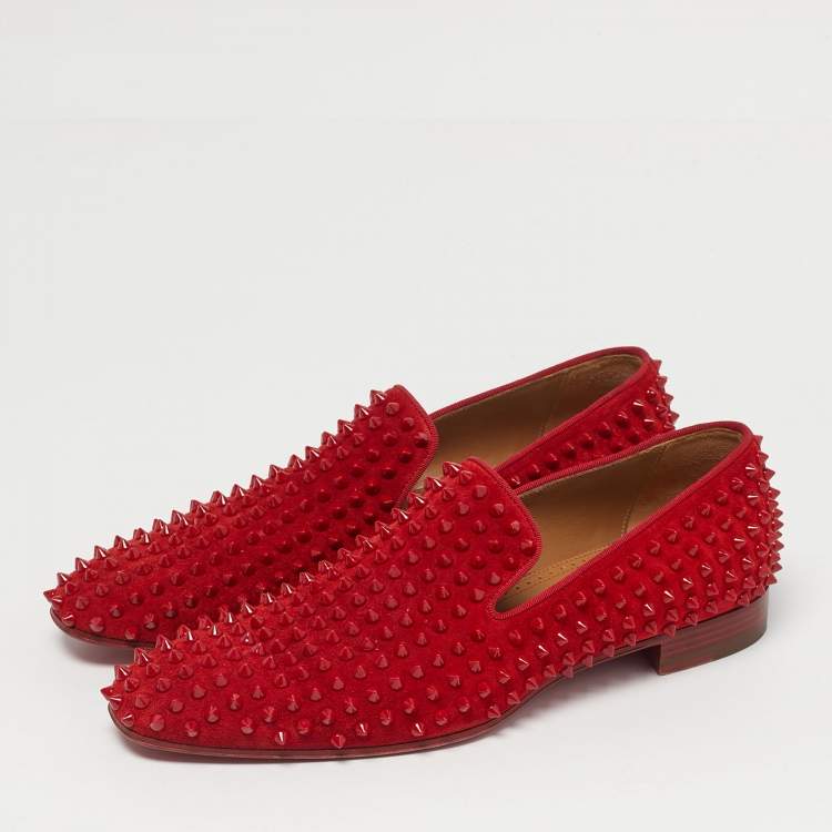 Pre Owned Christian Louboutin Red Suede Dandelion Spikes Smoking Slippers Size 41