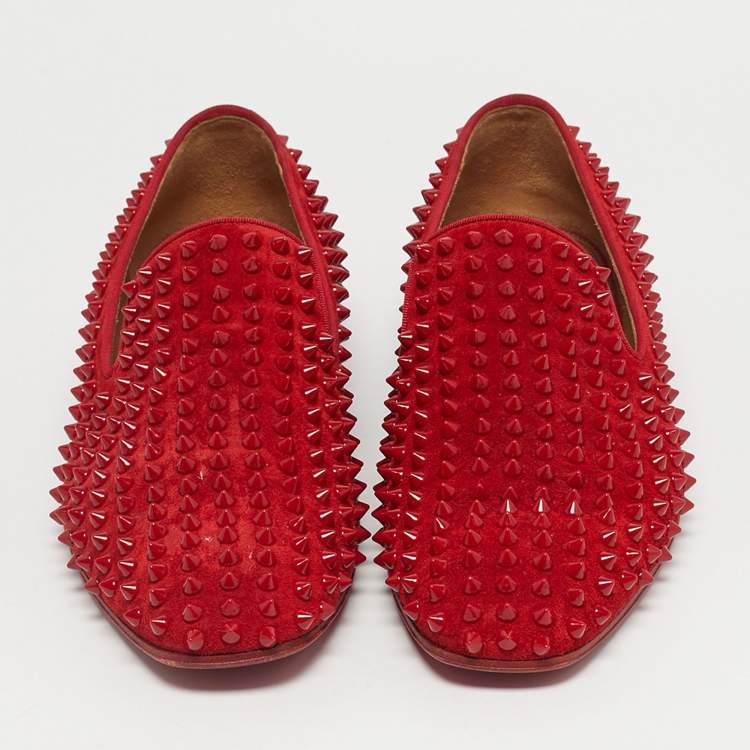 Pre Owned Christian Louboutin Red Suede Dandelion Spikes Smoking Slippers Size 41