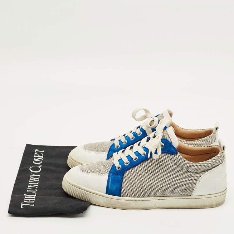 Pre Owned Christian Louboutin Rantulow Size 43 White/Navy Blue Leather and Woven Fabric Low Top Sneakers