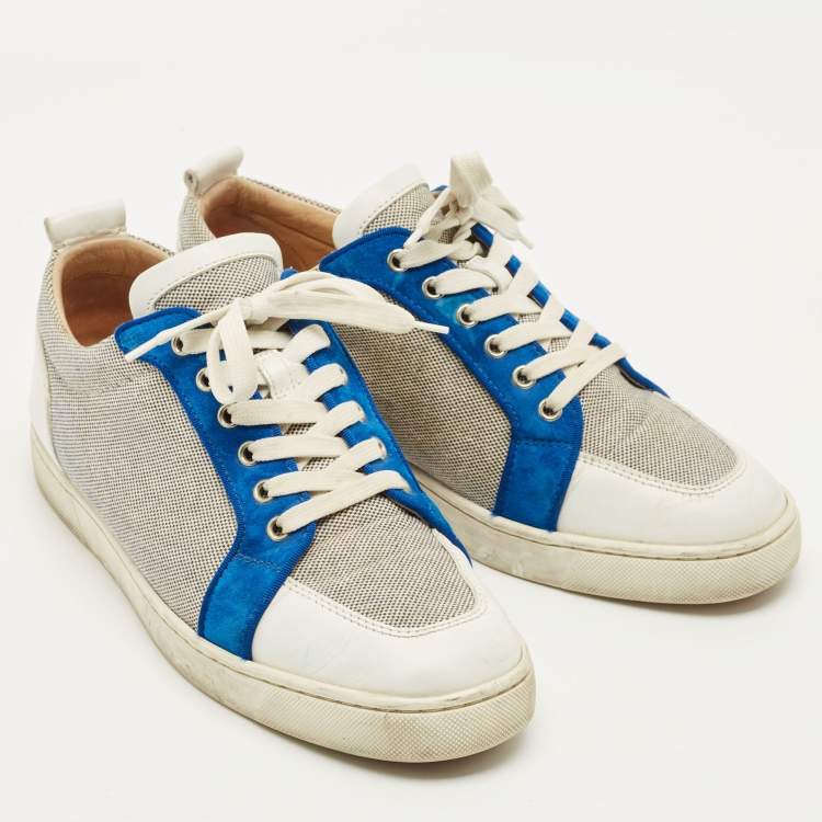 Pre Owned Christian Louboutin Rantulow Size 43 White/Navy Blue Leather and Woven Fabric Low Top Sneakers