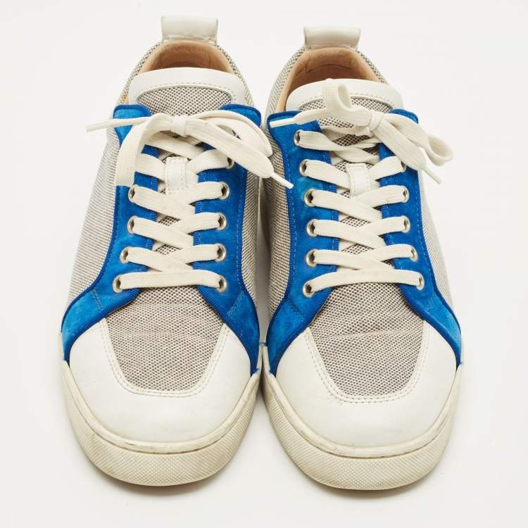 Pre Owned Christian Louboutin Rantulow Size 43 White/Navy Blue Leather and Woven Fabric Low Top Sneakers