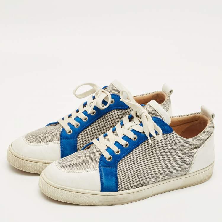 Pre Owned Christian Louboutin Rantulow Size 43 White/Navy Blue Leather and Woven Fabric Low Top Sneakers