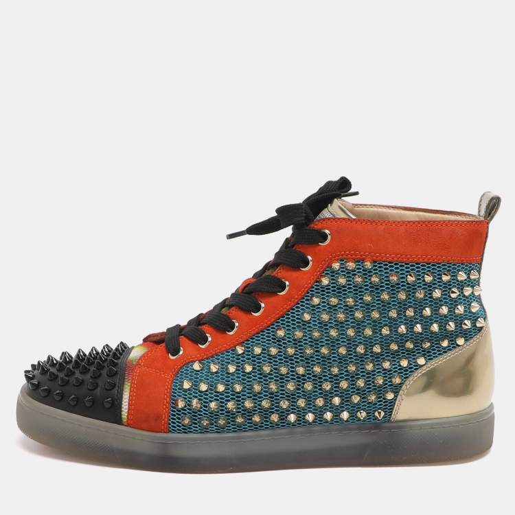 Pre Owned Christian Louboutin Lou Spikes Orlato Size 42.5 Multicolor Mesh and Suede High Top Sneakers