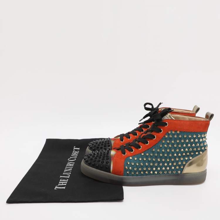 Pre Owned Christian Louboutin Lou Spikes Orlato Size 42.5 Multicolor Mesh and Suede High Top Sneakers