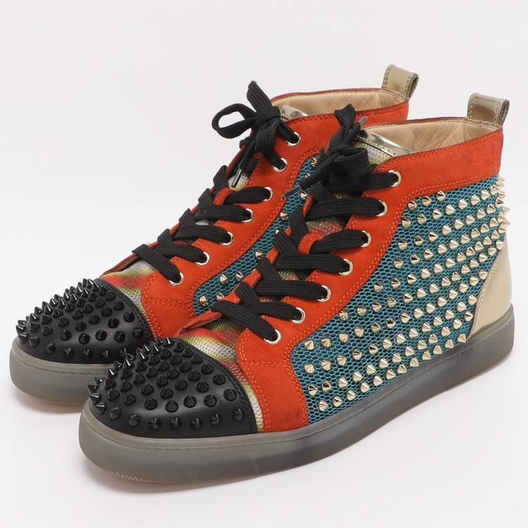 Pre Owned Christian Louboutin Lou Spikes Orlato Size 42.5 Multicolor Mesh and Suede High Top Sneakers
