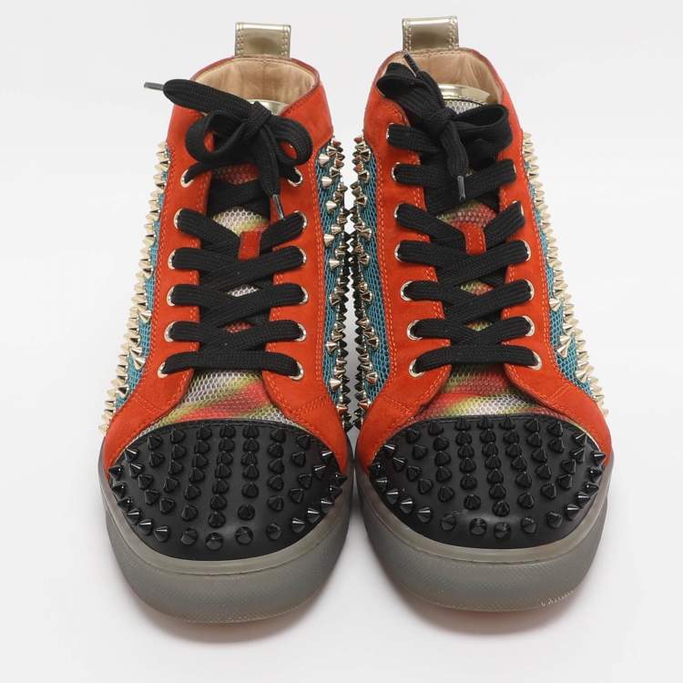 Pre Owned Christian Louboutin Lou Spikes Orlato Size 42.5 Multicolor Mesh and Suede High Top Sneakers