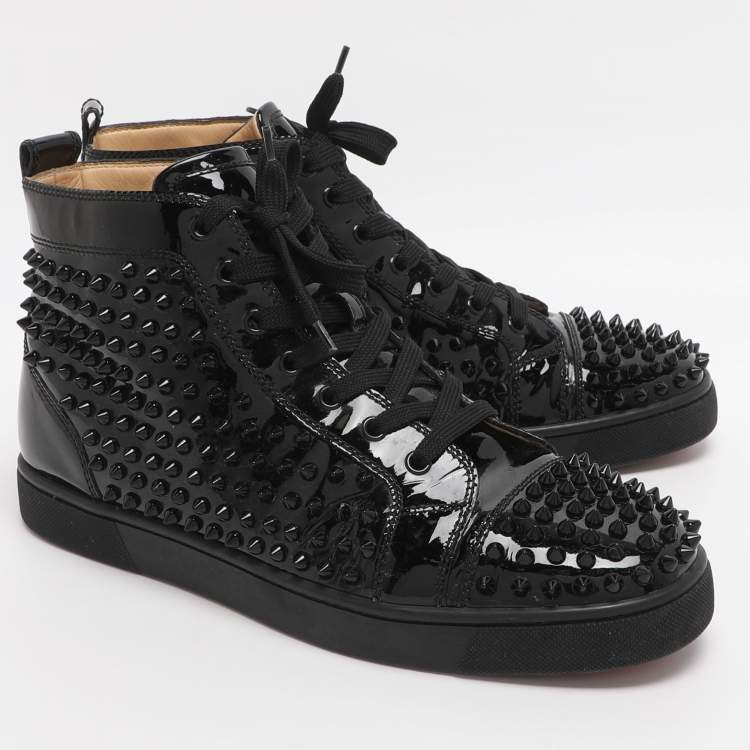 Pre Owned Christian Louboutin Louis Spikes Size 42.5 Black Patent Leather High Top Sneakers