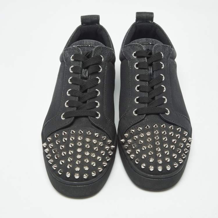 Pre Owned Christian Louboutin Louis Junior Size 42 Black Denim studded Lace Up Sneakers