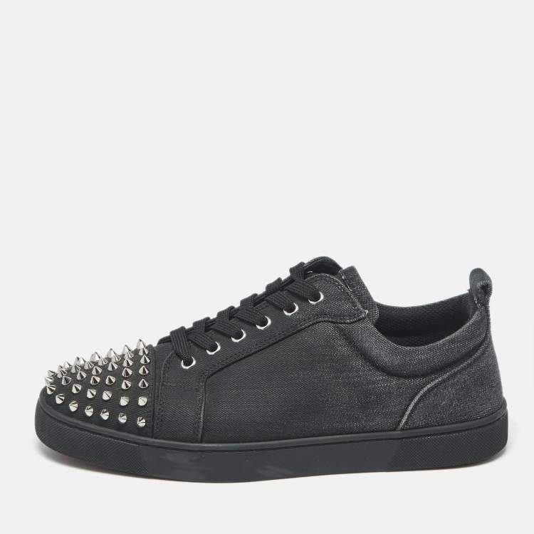 Pre Owned Christian Louboutin Louis Junior Size 42 Black Denim studded Lace Up Sneakers