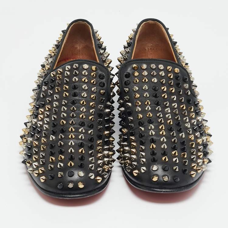 Pre Owned حذاء سليبزرز سموكينغ كريستيان لوبوتان جلد أسود داندليون سبياكز مقاس 43