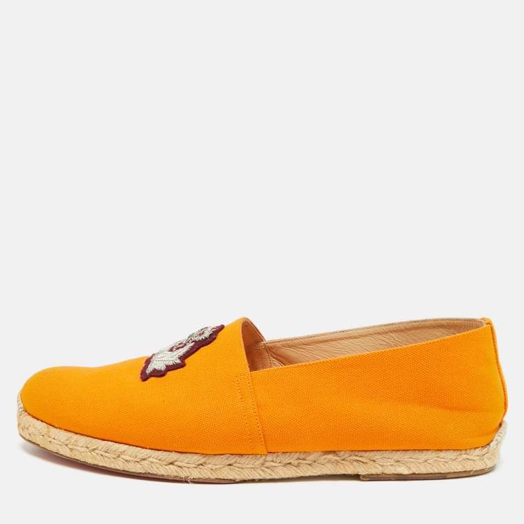Pre Owned Christian Louboutin Nanou Crest Size 44 Orange Canvas Slip On Espadrille Flat