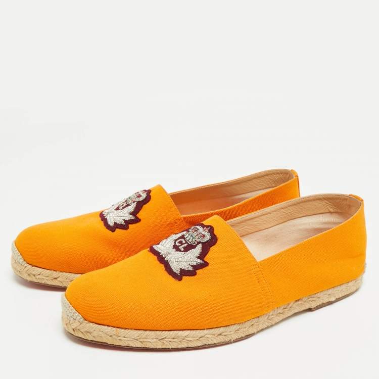 Pre Owned Christian Louboutin Nanou Crest Size 44 Orange Canvas Slip On Espadrille Flat