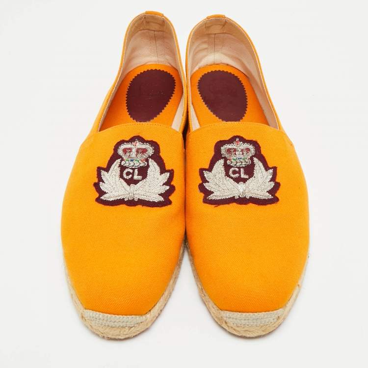 Pre Owned Christian Louboutin Nanou Crest Size 44 Orange Canvas Slip On Espadrille Flat
