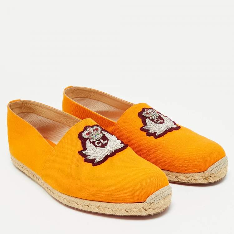 Pre Owned Christian Louboutin Nanou Crest Size 44 Orange Canvas Slip On Espadrille Flat