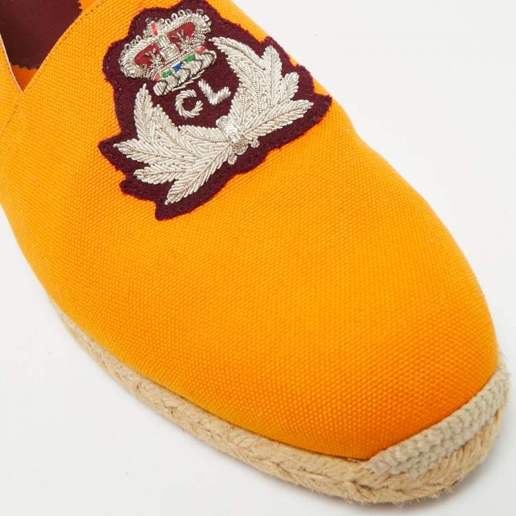 Pre Owned Christian Louboutin Nanou Crest Size 44 Orange Canvas Slip On Espadrille Flat