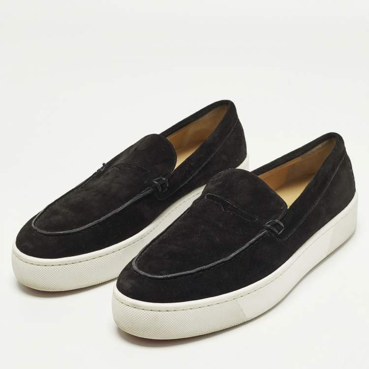 Pre Owned Christian Louboutin Paqueboat Size 45.5 Black Suede Slip On Loafer Sneakers