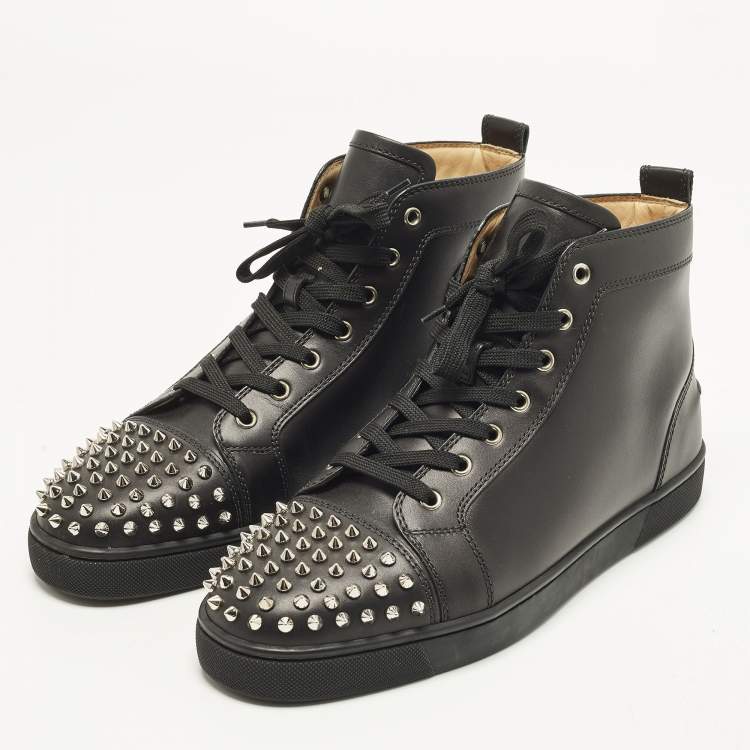 Pre Owned Christian Louboutin Lou Spikes Size 44 Black Leather High Top Sneakers
