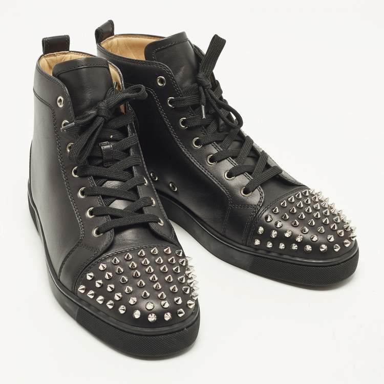 Pre Owned Christian Louboutin Lou Spikes Size 44 Black Leather High Top Sneakers