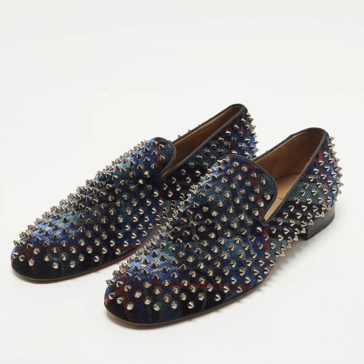 Pre Owned Christian Louboutin Dandelion Spikes Size 43.5 Black Velvet Smoking Slippers
