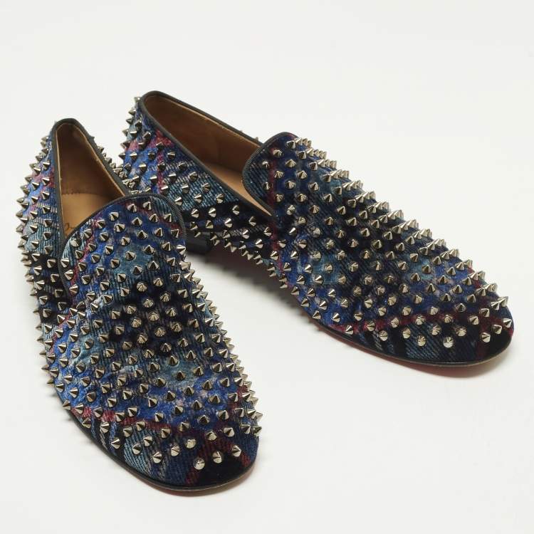 Pre Owned Christian Louboutin Dandelion Spikes Size 43.5 Black Velvet Smoking Slippers